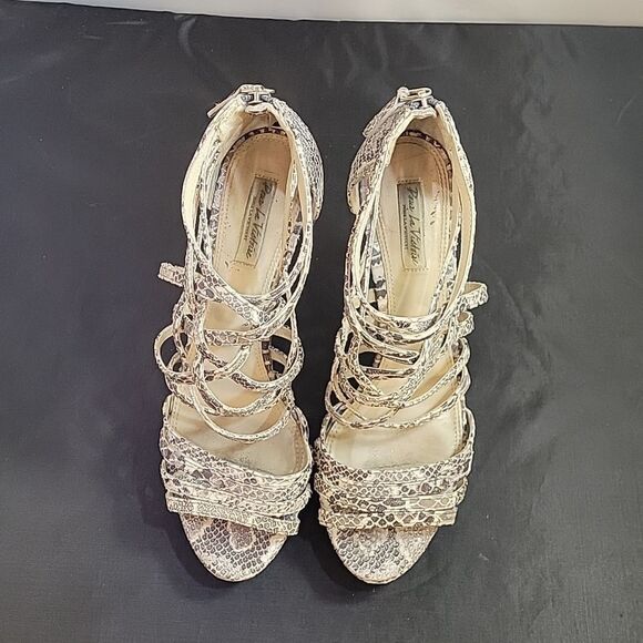 WOMEN"S POUR LA VICTOIRE SNAKESKIN LEATHER OPEN TOE HIGH HEEL STILETTOS SANDAL - Picture 2 of 12